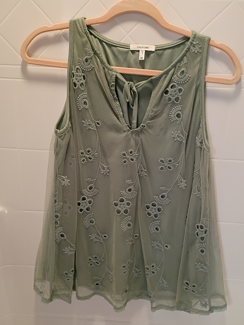 Maurices Sage Green Embroidered Mesh Tank Top Medium NWOT